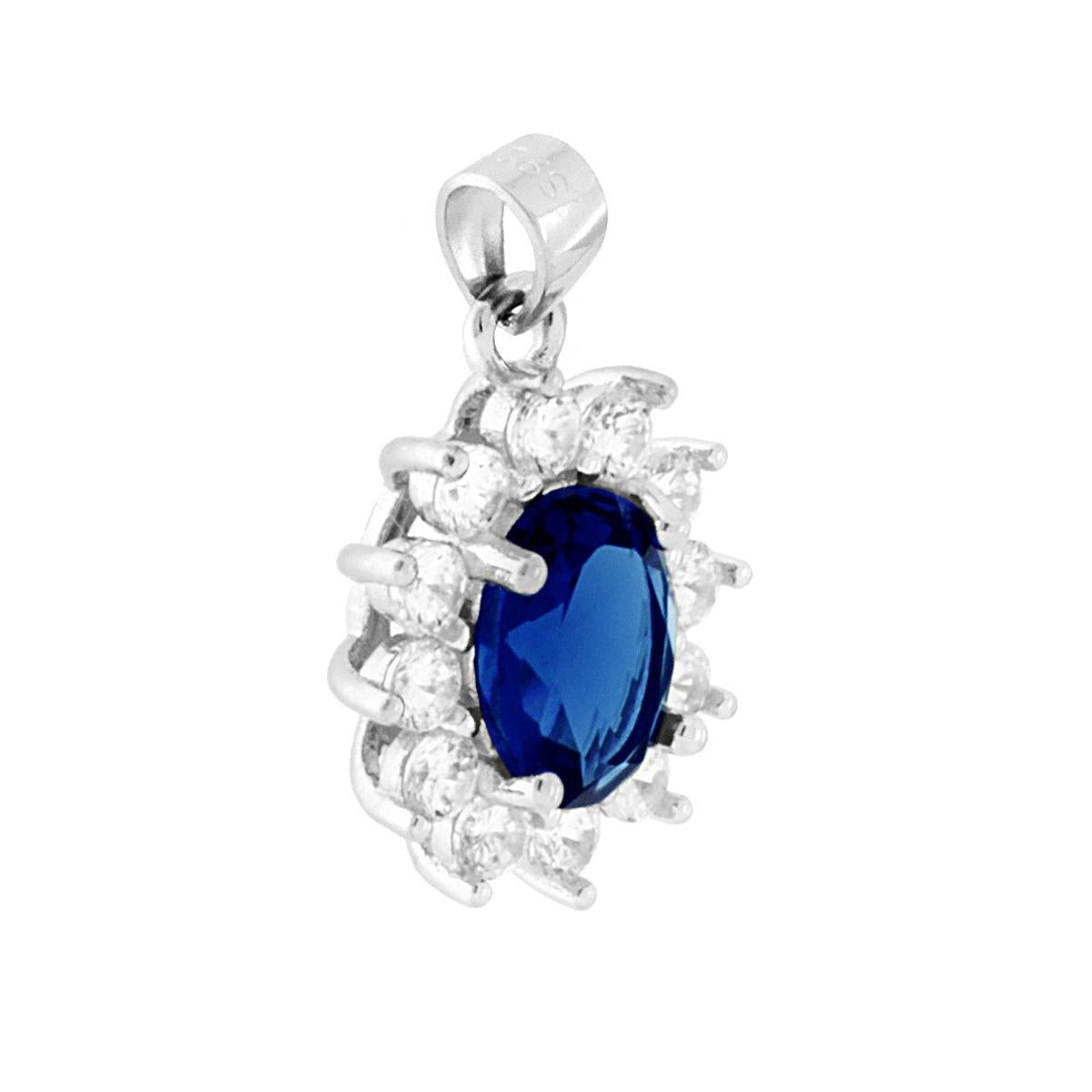 Ciondolo di forma Ovale con Zircone Blu Zaffiro e Zirconi Bianchi incastonati a giro.