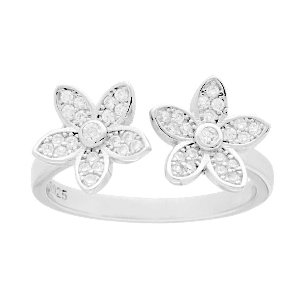 Anello Contrarie Fiore con Cubic Zirconia Bianchi in ARGENTO 925 Galvanica Rodio