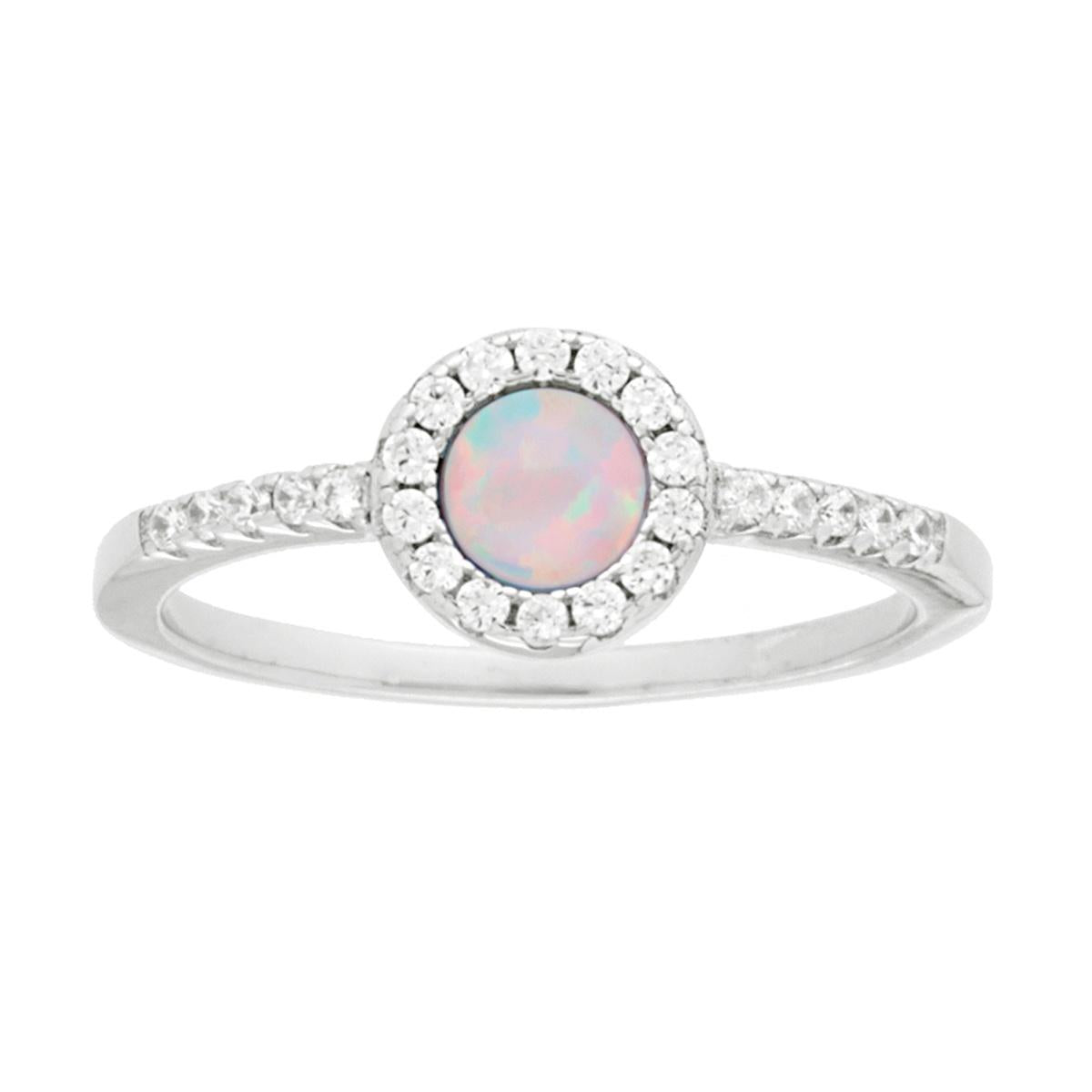Anello Solitario Tondo Opale Bianco contornato da Zirconi Bianchi in ARGENTO 925 Galvanica Rodio