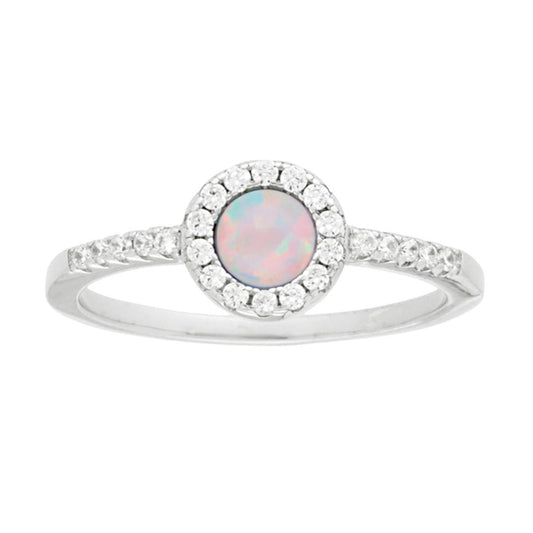Anello Solitario Tondo Opale Bianco contornato da Zirconi Bianchi in ARGENTO 925 Galvanica Rodio