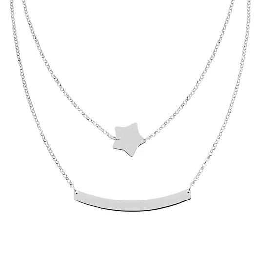 Collana due fili Catena Rolo Diamantata con Stella e Piastrina plain centrali in ARGENTO 925 Galvanica Rodio