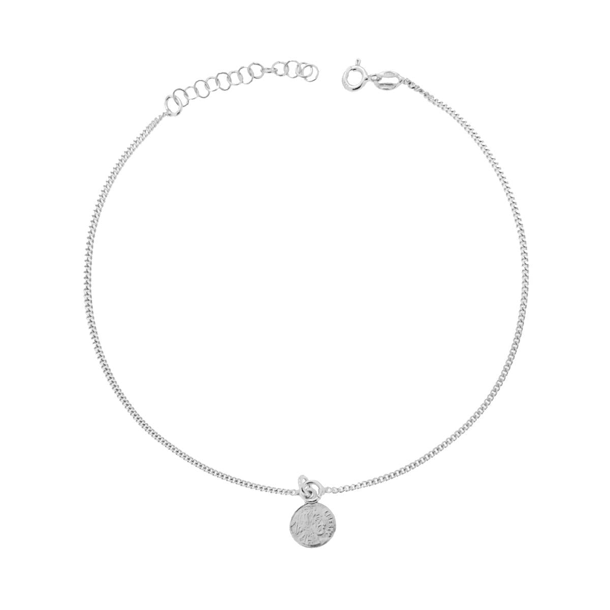 Cavigliera Catena Grumetta con Moneta pendente in ARGENTO 925 Galvanica Rodio