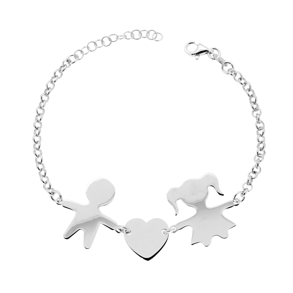 Bracciale Catena Rolo Diamantata con Bimba Cuore Bimbo plain centrali in ARGENTO 925 Galvanica Rodio