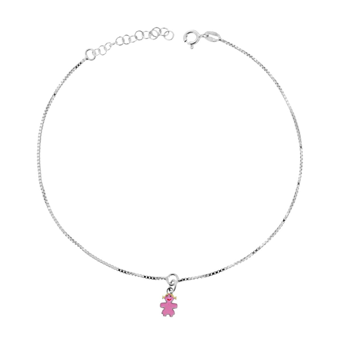 Cavigliera Catena Veneziana Diamantata cm 24+3 con Bimba smalto Rosa in ARGENTO 925 Galvanica Rodio