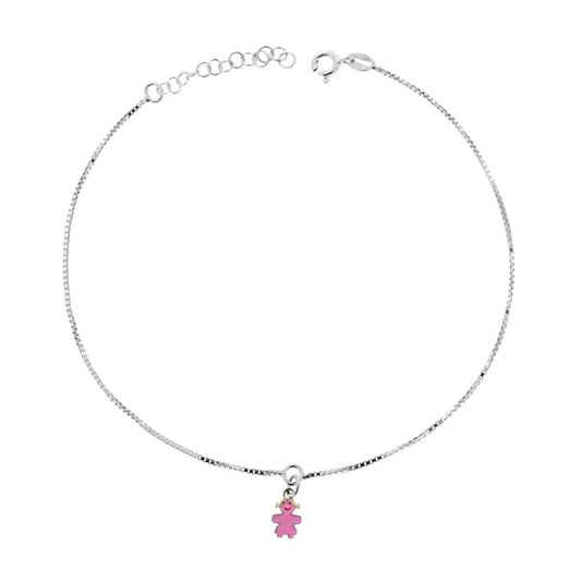 Cavigliera Catena Veneziana Diamantata cm 24+3 con Bimba smalto Rosa in ARGENTO 925 Galvanica Rodio