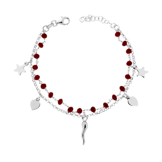 Bracciale due fili Catena Crystal Rosso e Catena Rolo Diamantata con Cuore Corno portafortuna e Stelle plain pendenti in ARGENTO 925 Galvanica Rodio