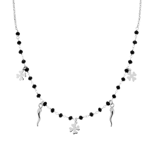 Collana Catena Rolo con Crystal Nero Corni Portafortuna e Quadrifogli plain in ARGENTO 925 Galvanica Rodio