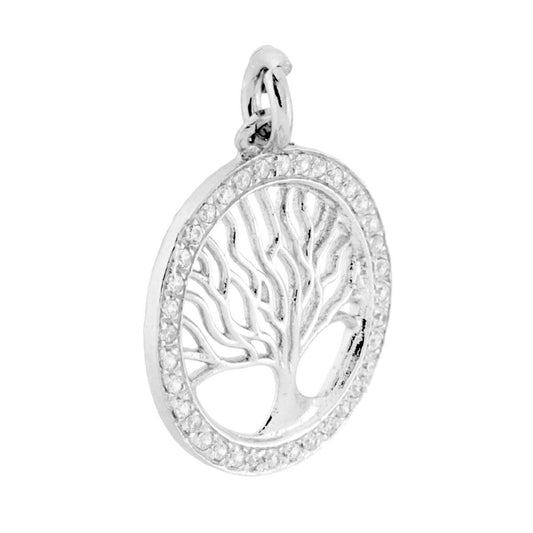 Ciondolo di forma tonda con albero della vita con lavorazione traforata e Zirconi Bianchi incastonati.<BR>Made in Italy