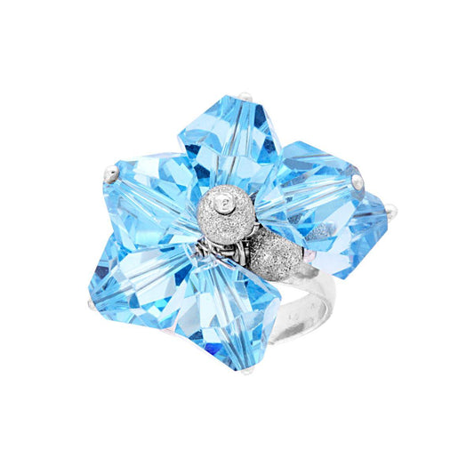 Anello Con Crystal Azzurro e Palline Diamantate mm 5 pendenti in ARGENTO 925 Galvanica Rodio