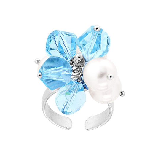 Anello con Crystal Azzurro e Perle mm 8 pendenti in ARGENTO 925 Galvanica Rodio