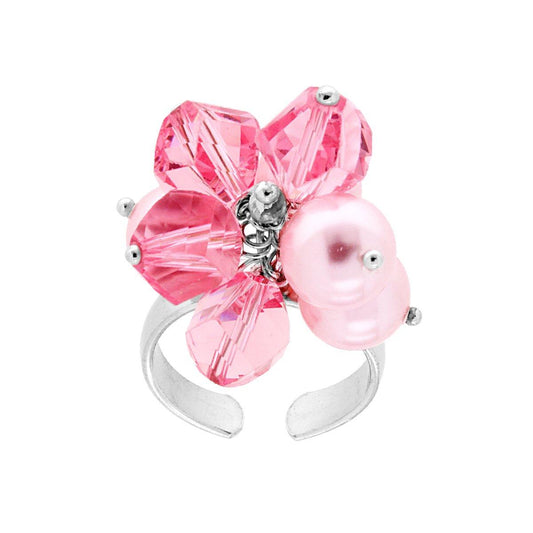 Anello con Crystal Rosa e Perle mm 8 pendenti in ARGENTO 925 Galvanica Rodio
