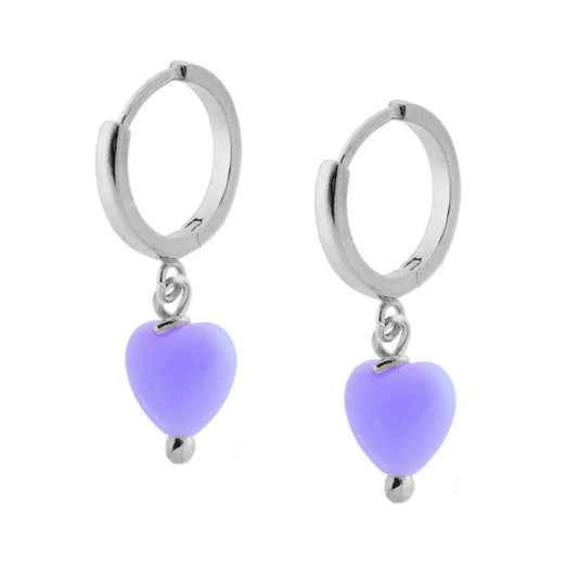 Orecchini Cerchio mm 14 con Cuore pendente colore Viola in ARGENTO 925 Galvanica Rodio