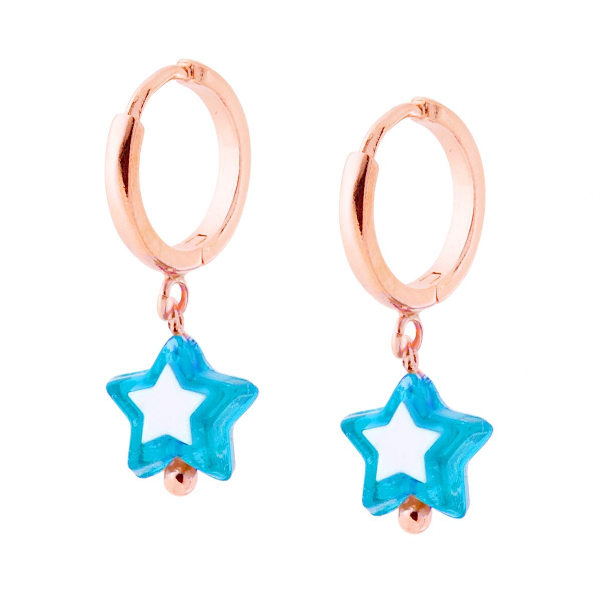 Orecchini Cerchio mm 14 con Stella pendente colore Azzurro e Bianco in ARGENTO 925 Galvanica Rosa