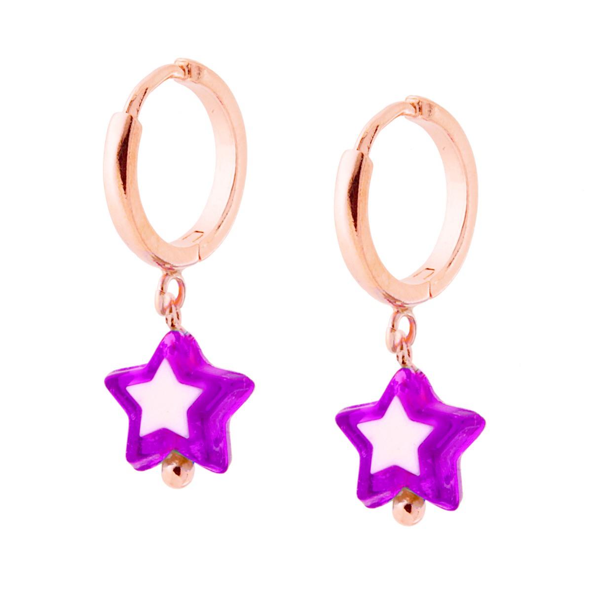 Orecchini Cerchio mm 14 con Stella pendente colore Viola e Bianco in ARGENTO 925 Galvanica Rosa