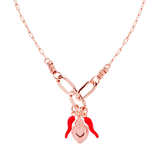 Collana Catena Forzatina Allungata con Cuore Votivo e Corni Portafortuna smalto Rosso pendenti in ARGENTO 925 Galvanica Rosa