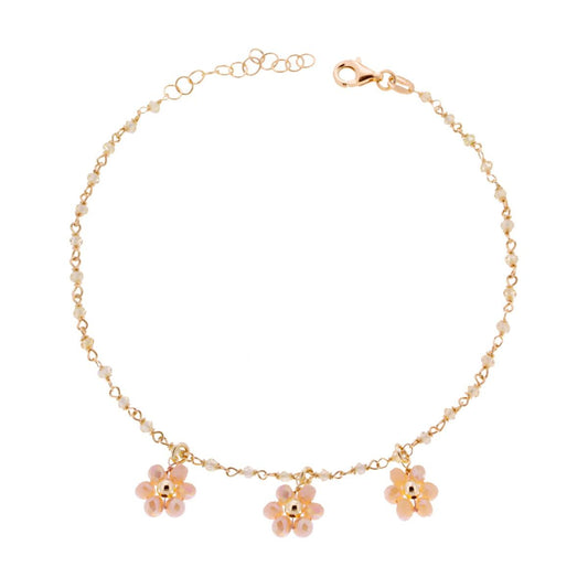 Cavigliera Catena con Fiori Crystal Rosa Cipria in ARGENTO 925 Galvanica Oro
