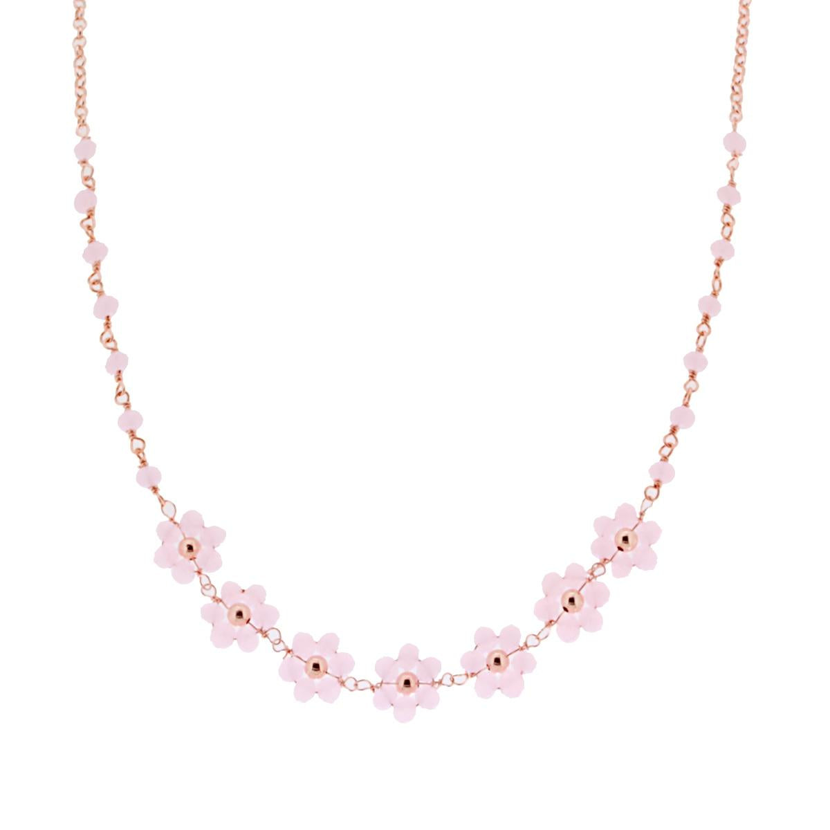 Collana Catena Rolo Diamantata con Fiori Crystal Rosa in ARGENTO 925 Galvanica Rosa