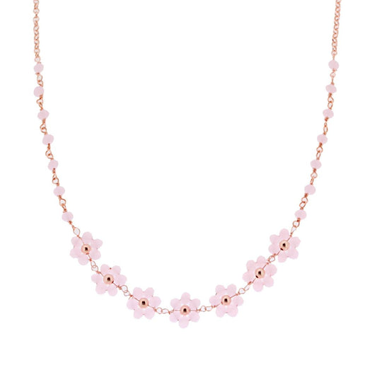 Collana Catena Rolo Diamantata con Fiori Crystal Rosa in ARGENTO 925 Galvanica Rosa