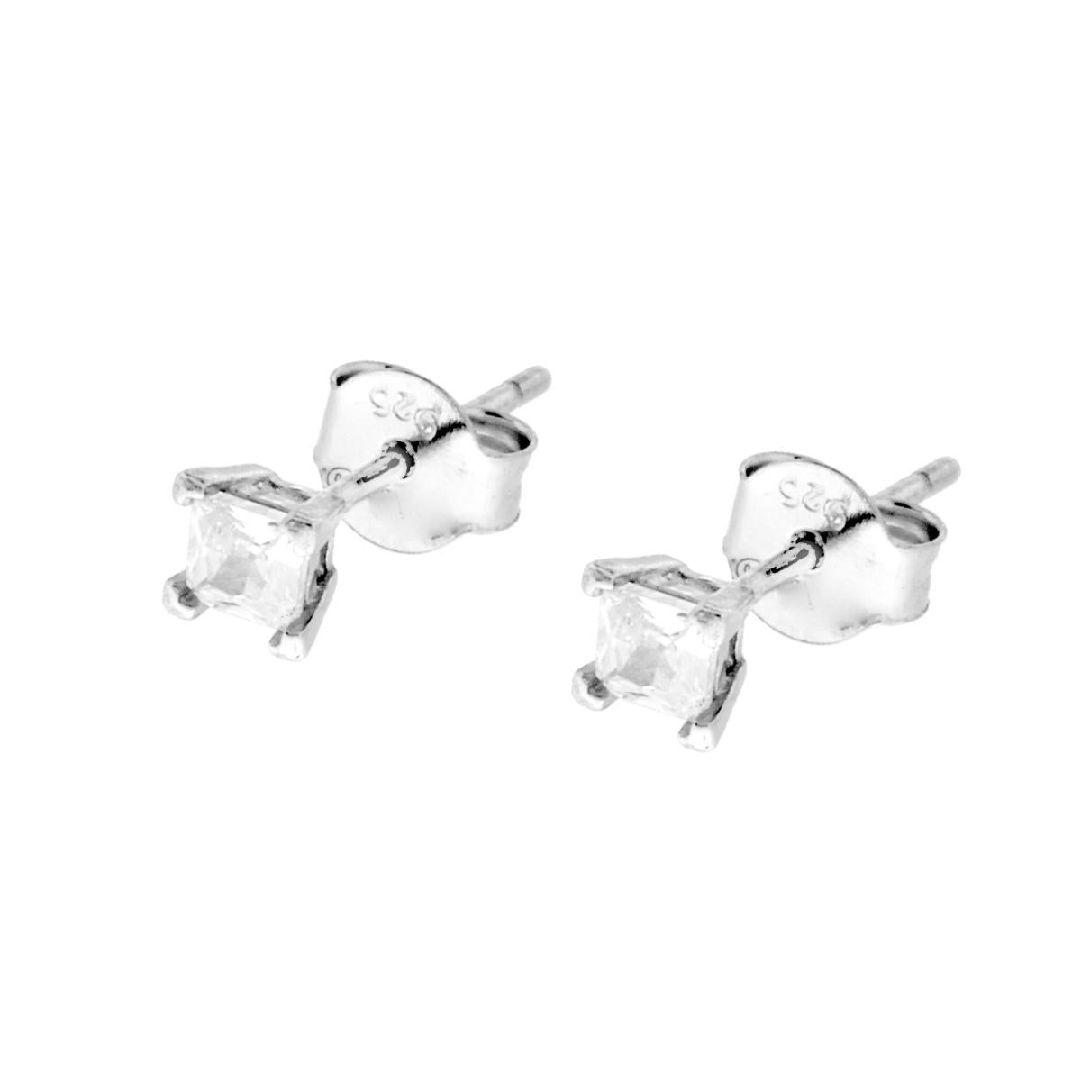 Orecchini Punto Luce Quadrato con Zircone Bianco mm 3 in ARGENTO 925 Galvanica Rodio