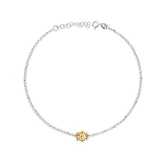 Cavigliera Catena Rolo Diamantata con Fiore di Palline Galvanica Oro in ARGENTO 925 Galvanica Rodio