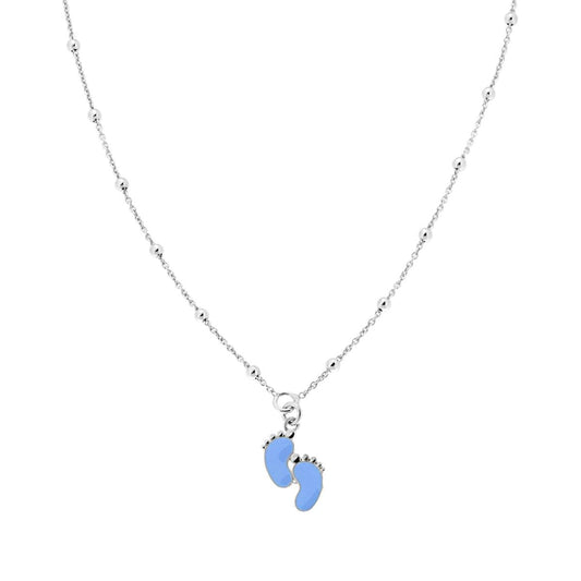 Collana Catena Forzatina e Palline lisce mm 2,5 con Piedini smalto Azzurro pendenti in ARGENTO 925 Galvanica Rodio