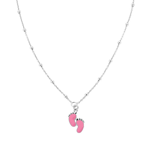 Collana Catena Forzatina e Palline lisce mm 2,5 con Piedini smalto Rosa pendenti in ARGENTO 925 Galvanica Rodio