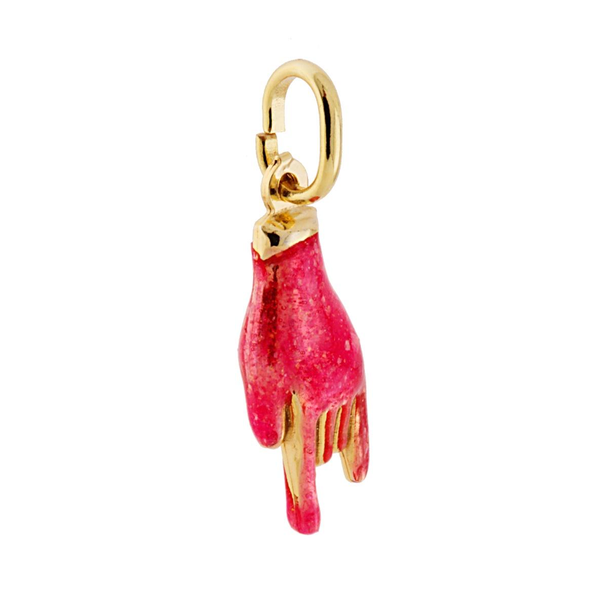 Ciondolo a forma di mano a corna con applicazione smalto colore Fucsia glitterato e brillante.<BR>Made in Italy<BR>