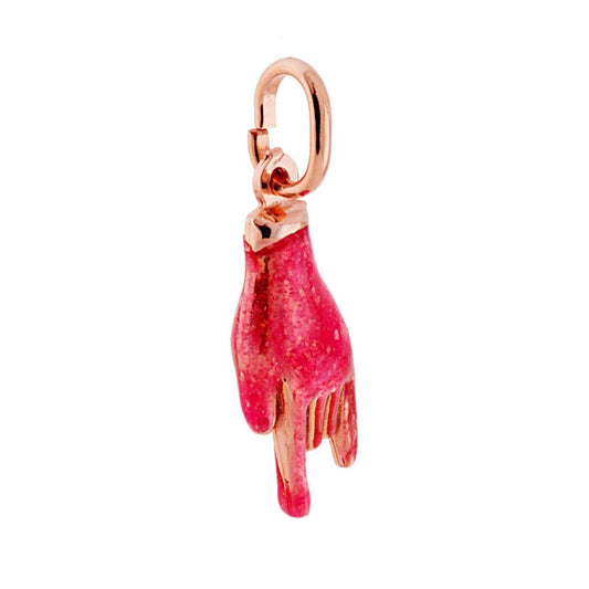 Ciondolo a forma di mano a corna con applicazione smalto colore Fucsia glitterato e brillante.<BR>Made in Italy