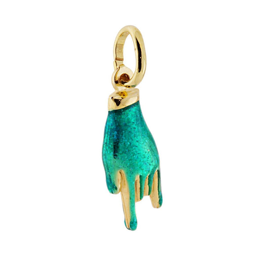 Ciondolo a forma di mano a corna con applicazione smalto colore Turchese glitterato e brillante.<BR>Made in Italy