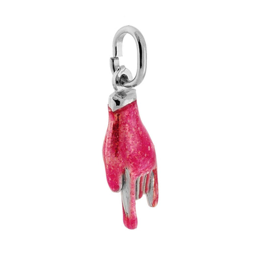 Ciondolo a forma di mano a corna con applicazione smalto colore Fucsia glitterato e brillante.<BR>Made in Italy