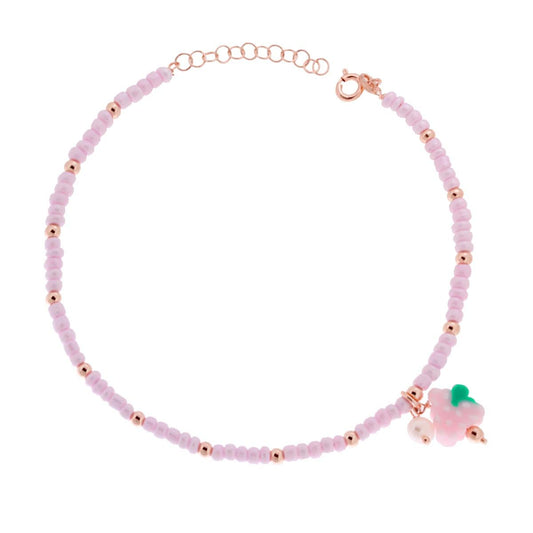 Cavigliera con Perline Rosa e palline Lisce con Uva pvc e Perla pendente in ARGENTO 925 Galvanica Rosa