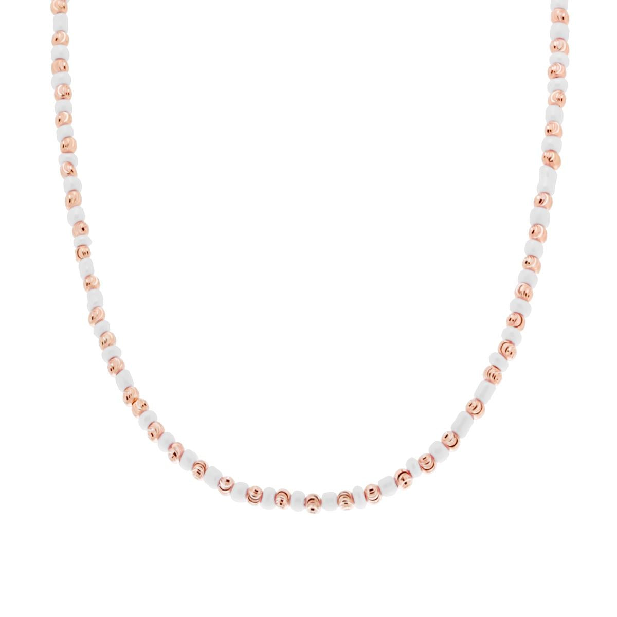 Collana con Perline Bianco e palline Diamantate in ARGENTO 925 Galvanica Rosa