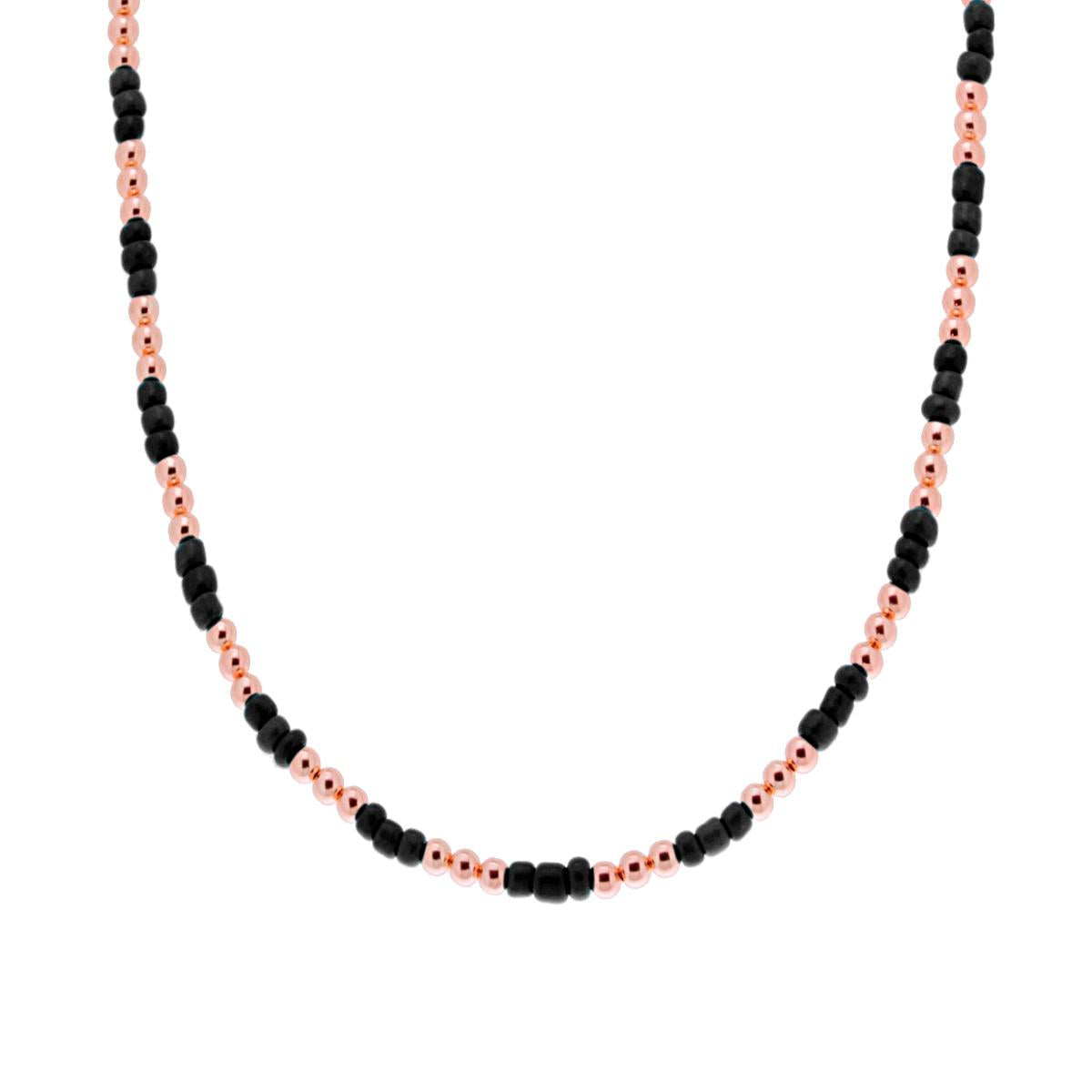 Collana con Perline Nere e palline Lisce in  ARGENTO 925 Galvanica Rosa