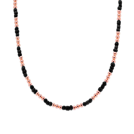 Collana con Perline Nere e palline Lisce in  ARGENTO 925 Galvanica Rosa