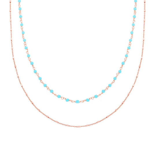 Collana due fili Catena Forzatina con Cubetti Diamantati a Specchio e Perline Azzurro in ARGENTO 925 Galvanica Rosa