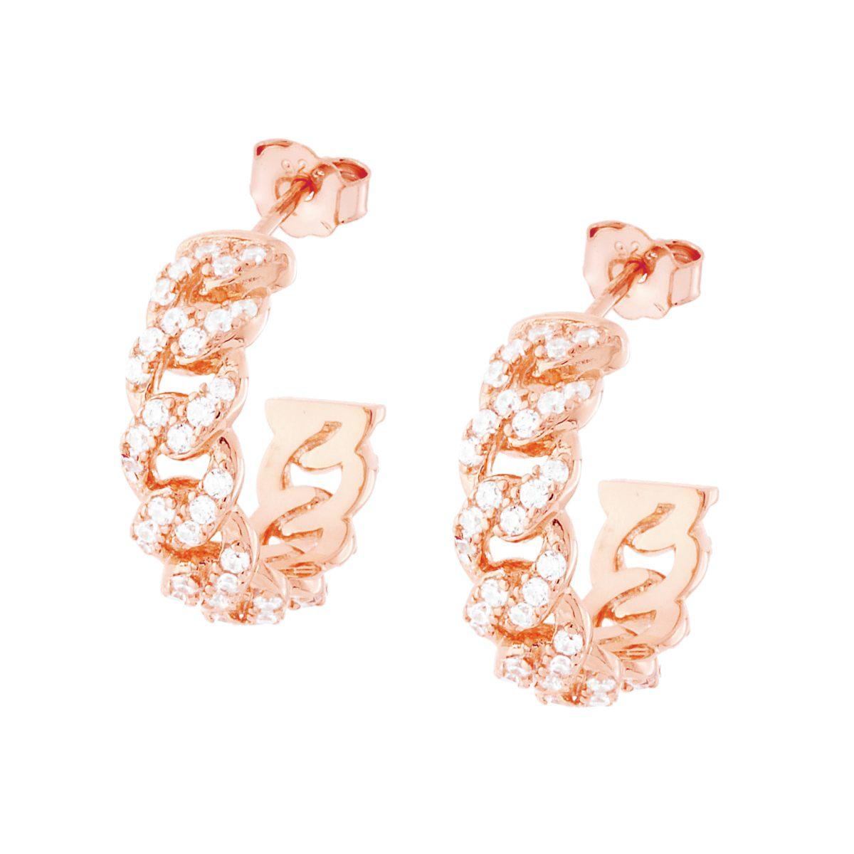 Orecchini Cerchio Catena Grumetta con Zirconi Bianchi in ARGENTO 925 Galvanica Rosa