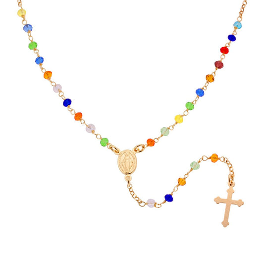 Collana Rosario cm 50 con Grani in Crystal mm 3.5 colore Multicolor Rainbow in ARGENTO 925 Galvanica Oro