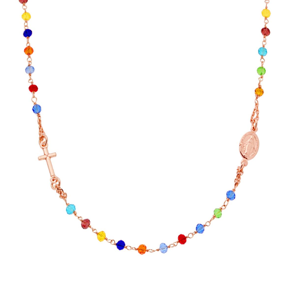 Collana Rosario cm 50 con Grani in Crystal mm 3.5 colore Multicolor Rainbow in ARGENTO 925 Galvanica Rosa