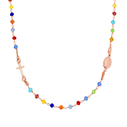 Collana Rosario cm 50 con Grani in Crystal mm 3.5 colore Multicolor Rainbow in ARGENTO 925 Galvanica Rosa
