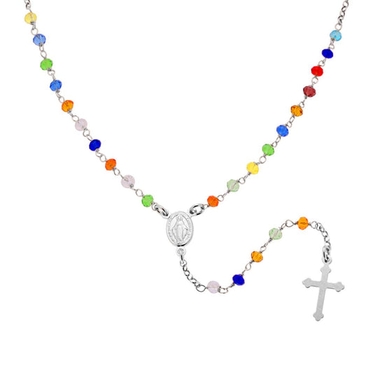 Collana Rosario cm 50 con Grani in Crystal mm 3.5 colore Multicolor Rainbow in ARGENTO 925 Galvanica Rodio