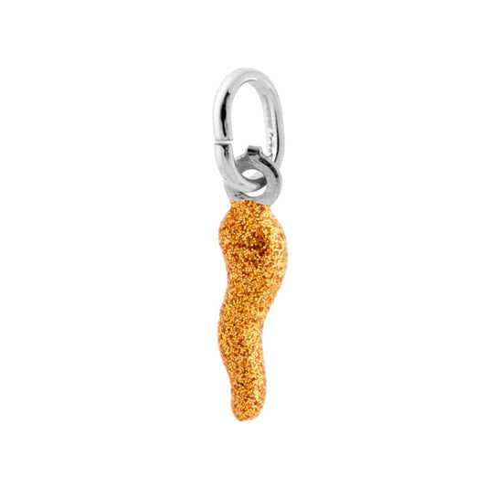 Ciondolo a forma di corno portafortuna con applicazione smalto colore oro con superficie glitterata.<BR>Made in Italy