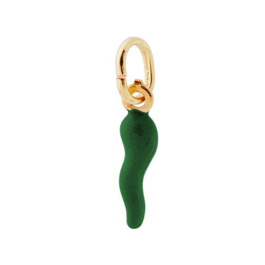 Ciondolo a forma di corno portafortuna con applicazione smalto colore Verde Scuro con finitura liscia e lucida.<BR>Made in Italy