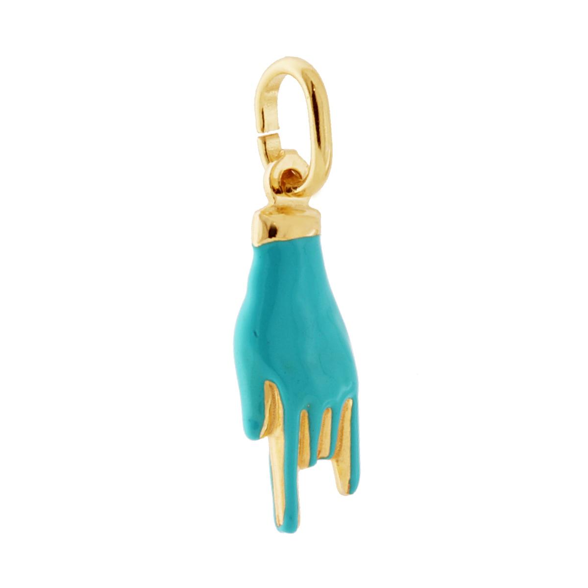 Ciondolo a forma di Mano con Corna portafortuna con applicazione smalto colore turchese con finitura liscia e lucida.<BR>Made in Italy