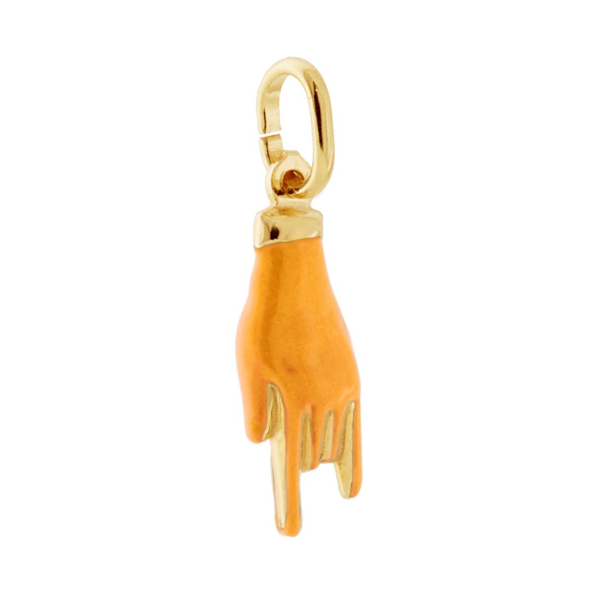 Ciondolo a forma di Mano con Corna portafortuna con applicazione smalto colore giallo con finitura liscia e lucida.<BR>Made in Italy