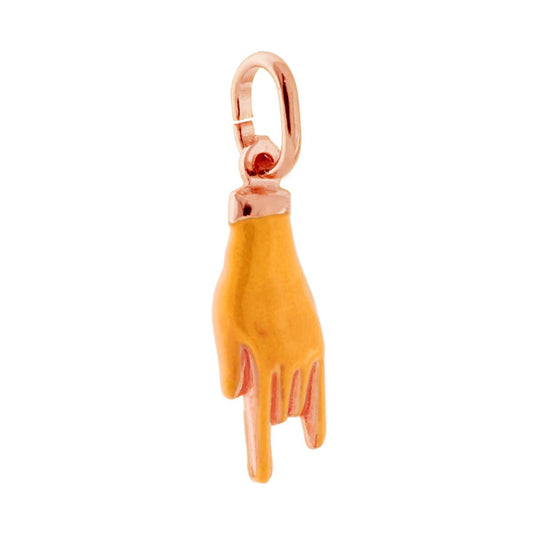 Ciondolo a forma di Mano con Corna portafortuna con applicazione smalto colore giallo con finitura liscia e lucida.<BR>Made in Italy<BR>