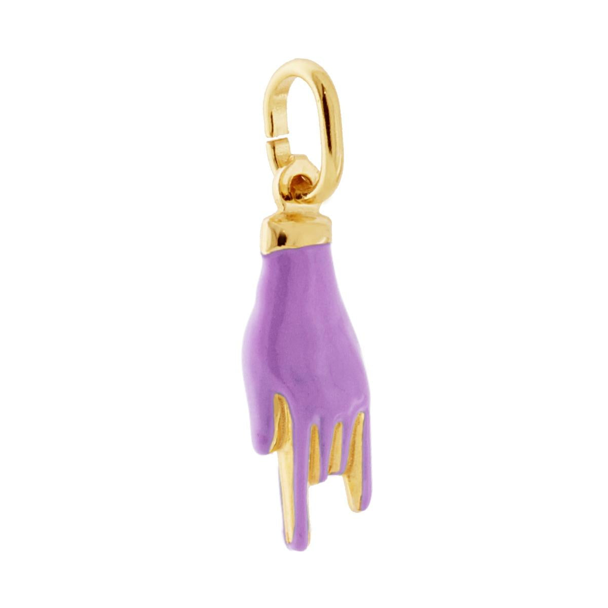 Ciondolo a forma di Mano con Corna portafortuna con applicazione smalto colore lilla con finitura liscia e lucida.<BR>Made in Italy<BR>