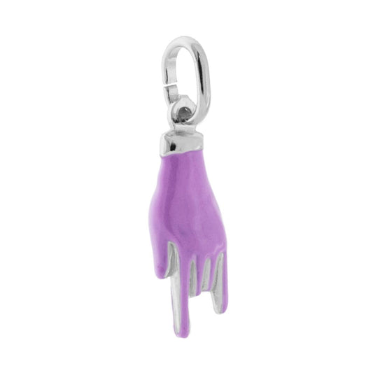 Ciondolo a forma di Mano con Corna portafortuna con applicazione smalto colore lilla con finitura liscia e lucida.<BR>Made in Italy<BR>
