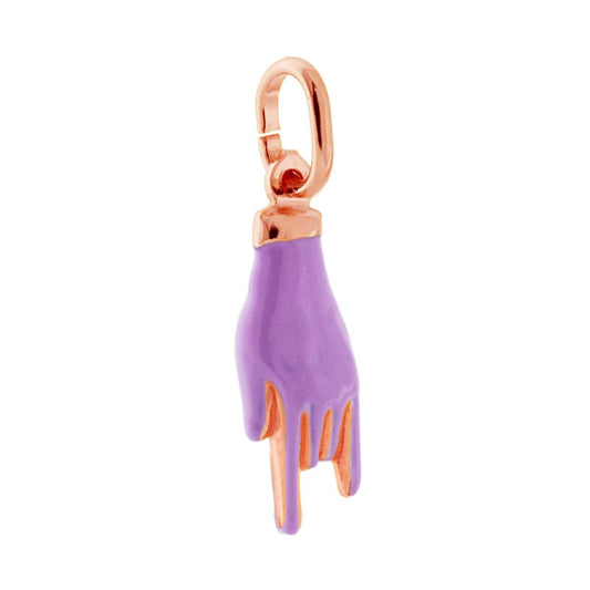 Ciondolo a forma di Mano con Corna portafortuna con applicazione smalto colore lilla con finitura liscia e lucida.<BR>Made in Italy<BR>