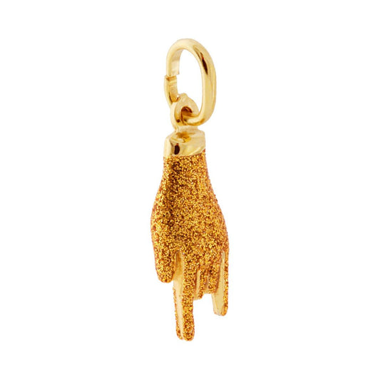 Ciondolo a forma di Mano con Corna portafortuna con applicazione smalto colore oro con superficie glitterata.<BR>Made in Italy