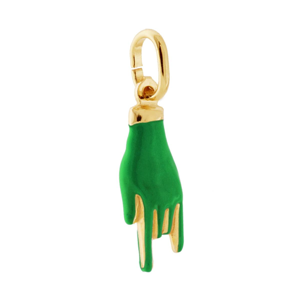 Ciondolo a forma di Mano con Corna portafortuna con applicazione smalto colore verde con finitura liscia e lucida.<BR>Made in Italy